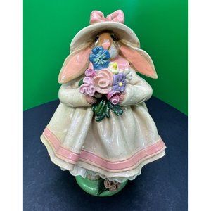 Vintage Donna Little Clay Hand Painted Bunny with Bouquet Retired 1998 Easter 6"